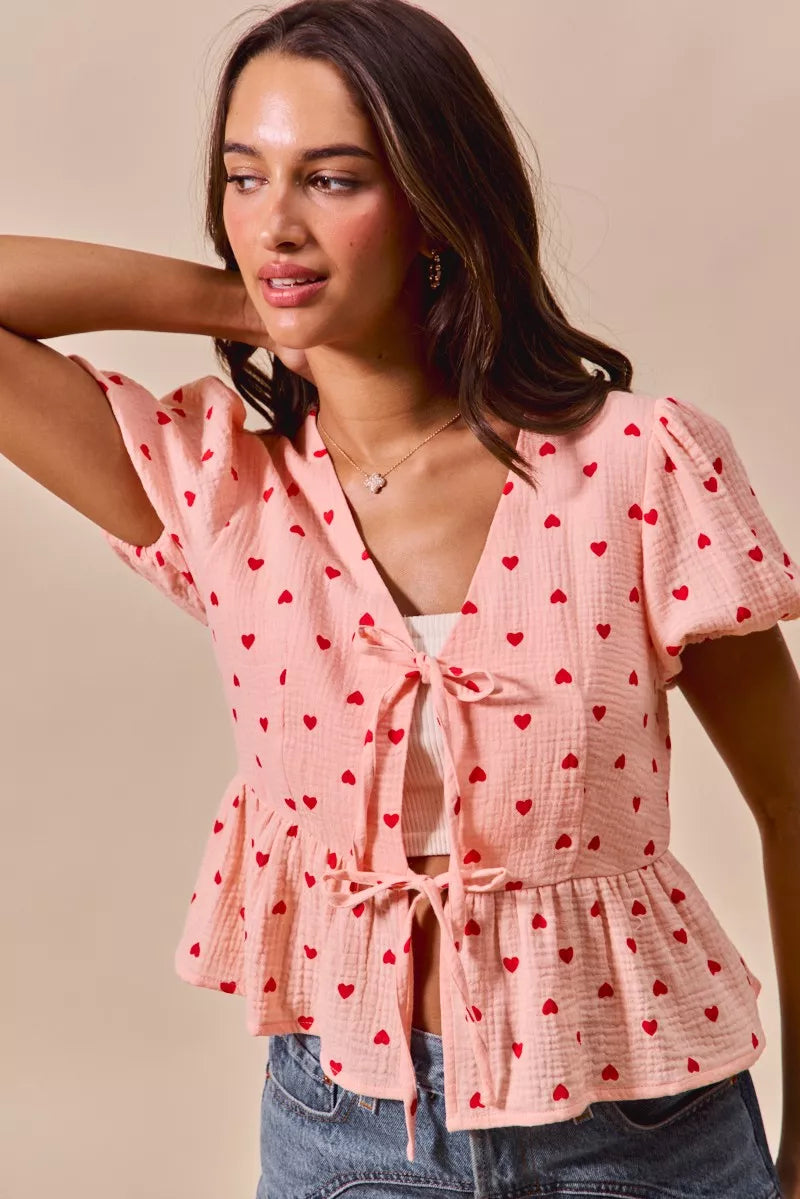 All Over Heart Ribbon Tie Baby Doll Valentine Blouse