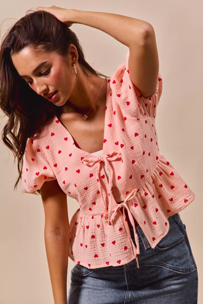 All Over Heart Ribbon Tie Baby Doll Valentine Blouse