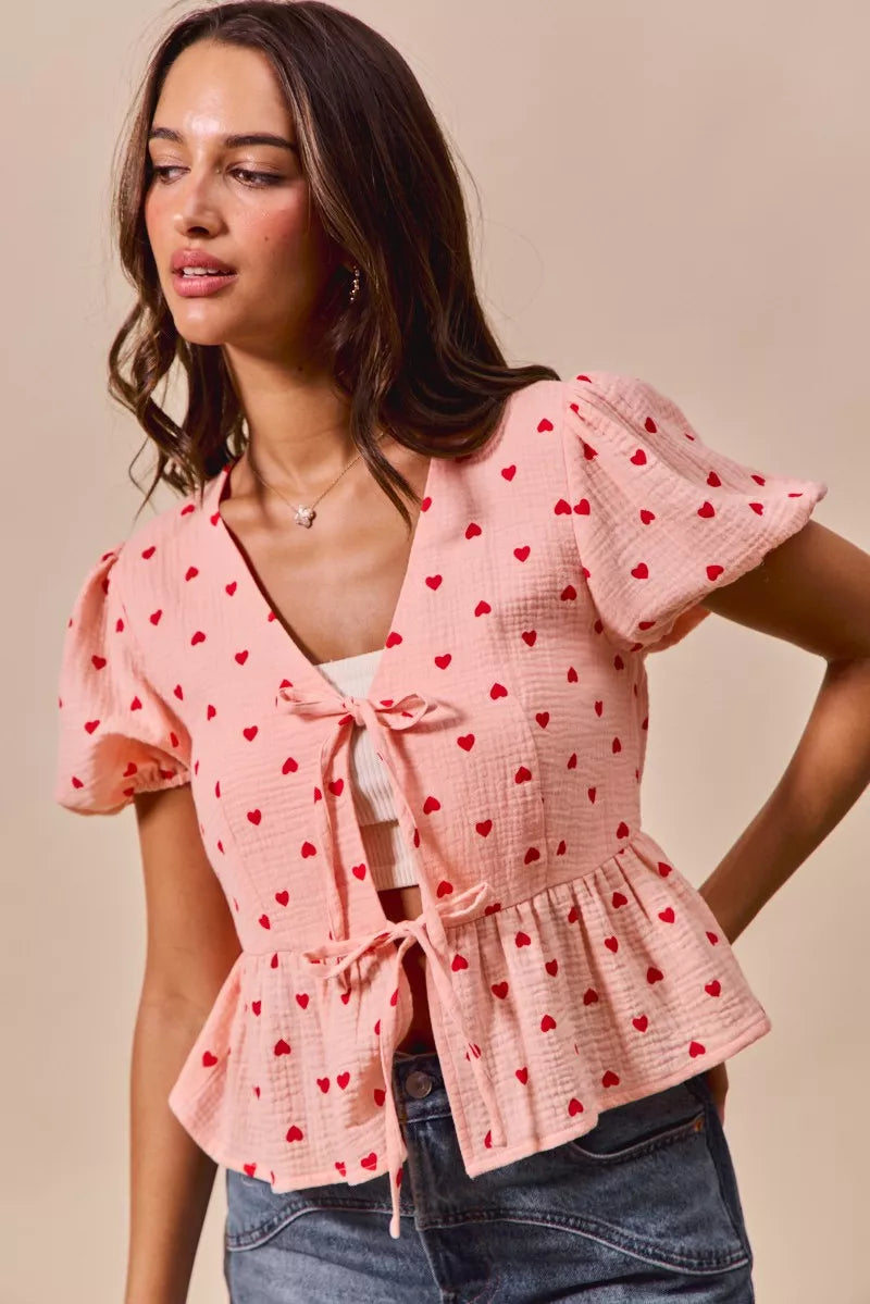 All Over Heart Ribbon Tie Baby Doll Valentine Blouse
