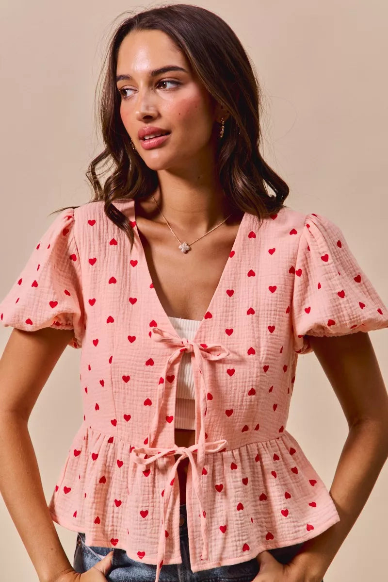 All Over Heart Ribbon Tie Baby Doll Valentine Blouse