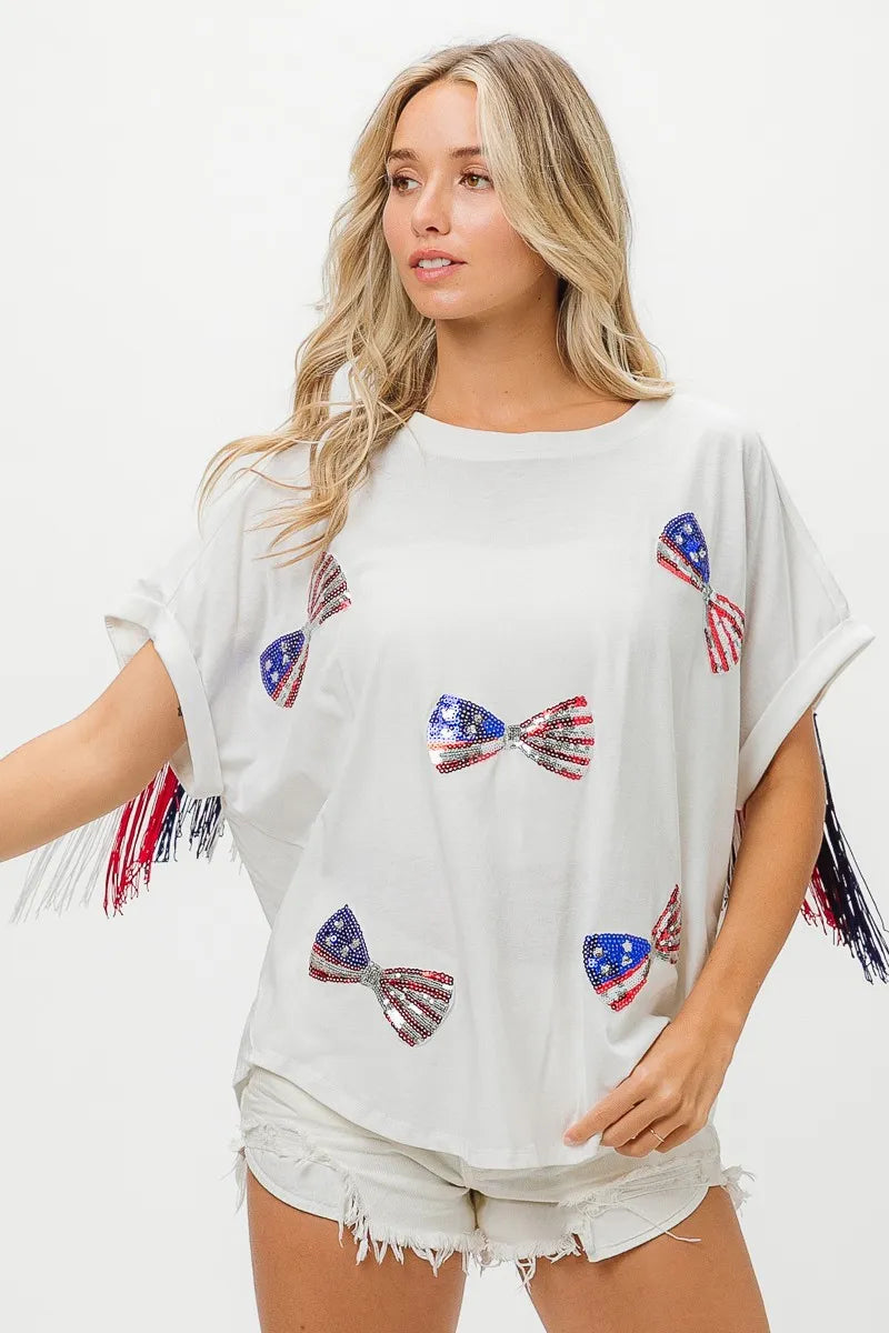 American Flag Sequin Ribbon T-Shirt-Reef Love