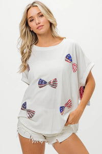 American Flag Sequin Ribbon T-Shirt-Reef Love