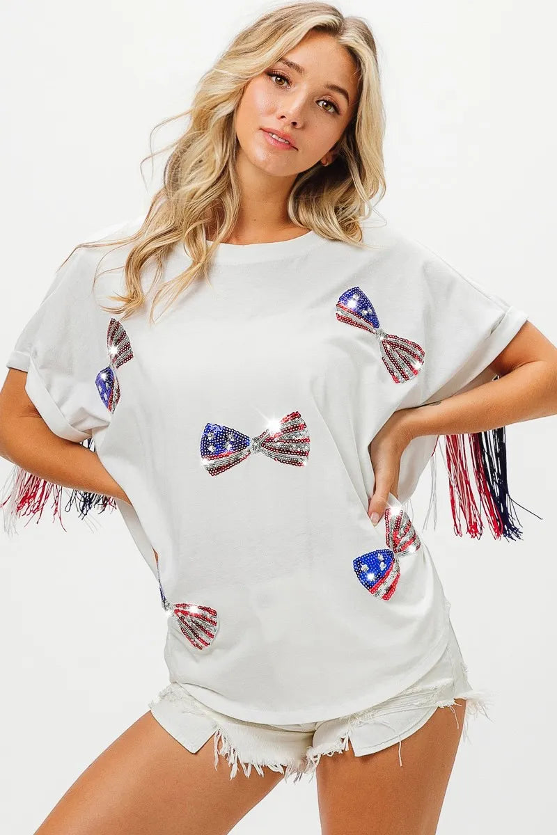 American Flag Sequin Ribbon T-Shirt-Reef Love