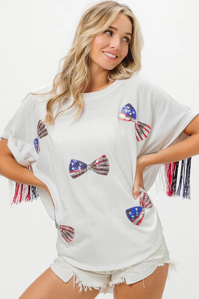 American Flag Sequin Ribbon T-Shirt-Reef Love