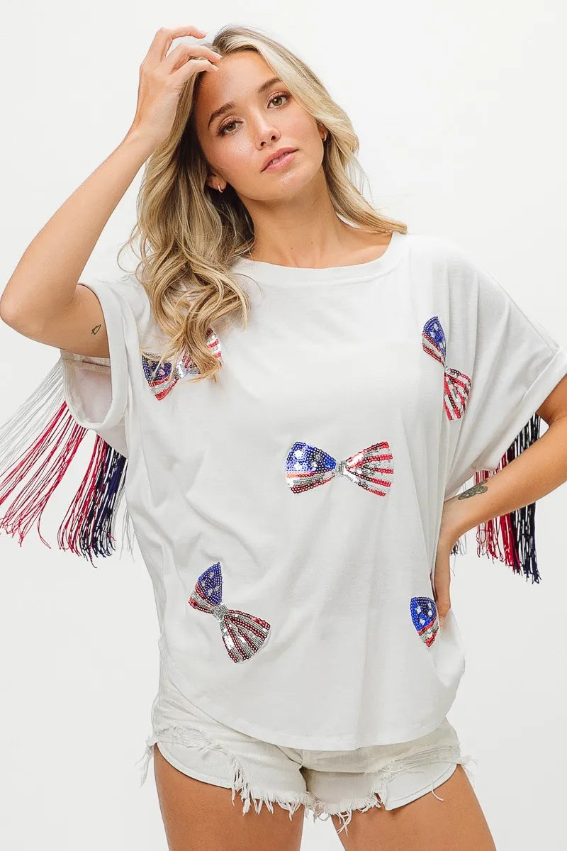 American Flag Sequin Ribbon T-Shirt-Reef Love