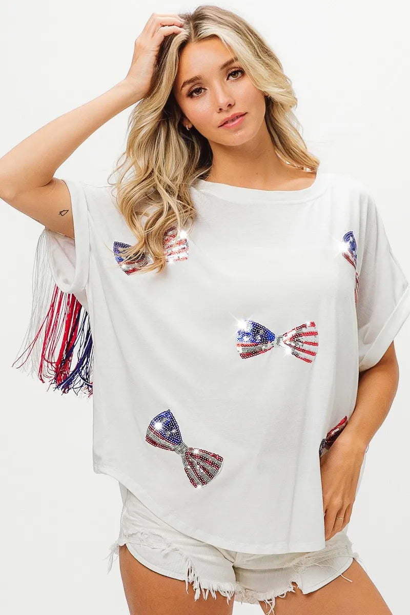 American Flag Sequin Ribbon T-Shirt-Reef Love