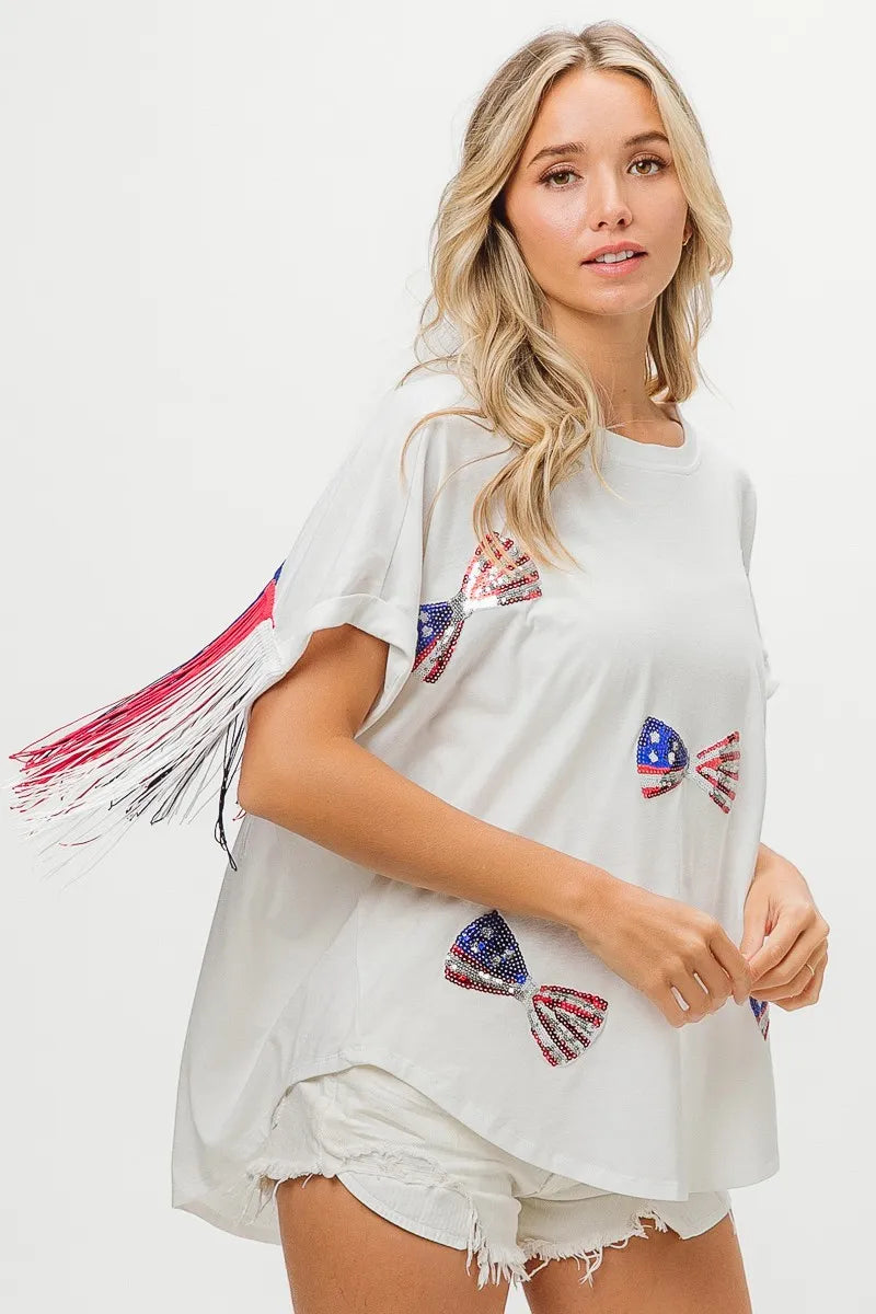 American Flag Sequin Ribbon T-Shirt-Reef Love