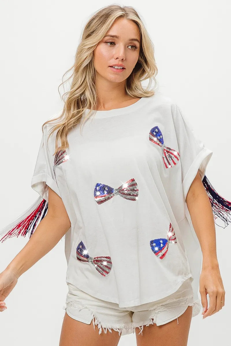 American Flag Sequin Ribbon T-Shirt-Reef Love