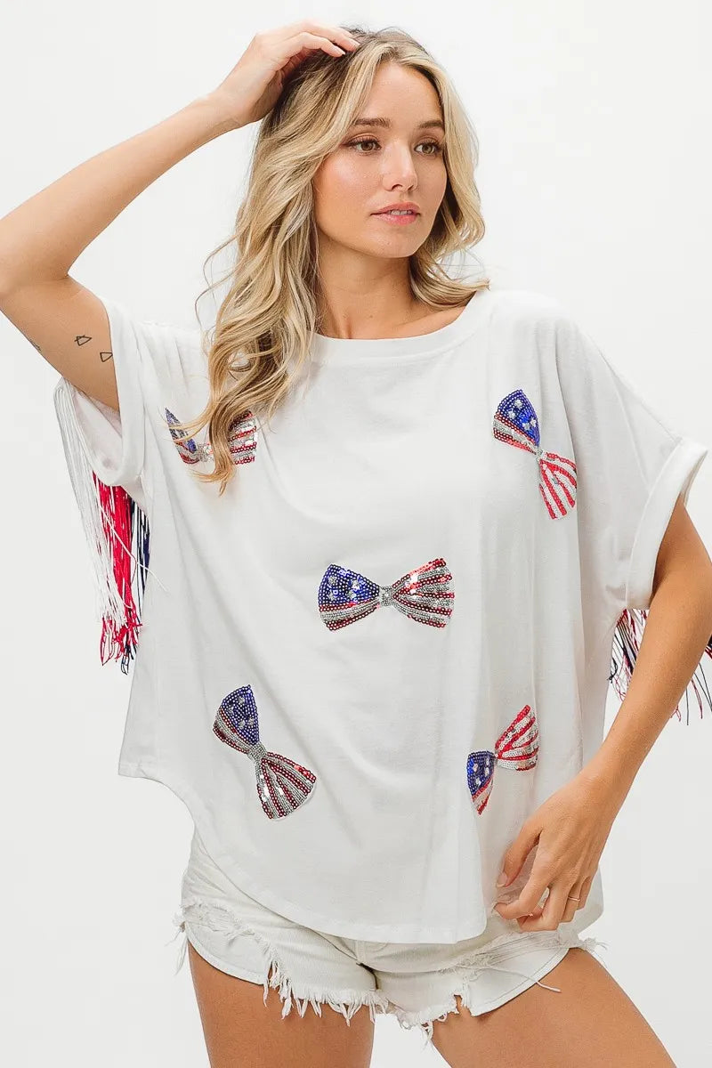 American Flag Sequin Ribbon T-Shirt-Reef Love
