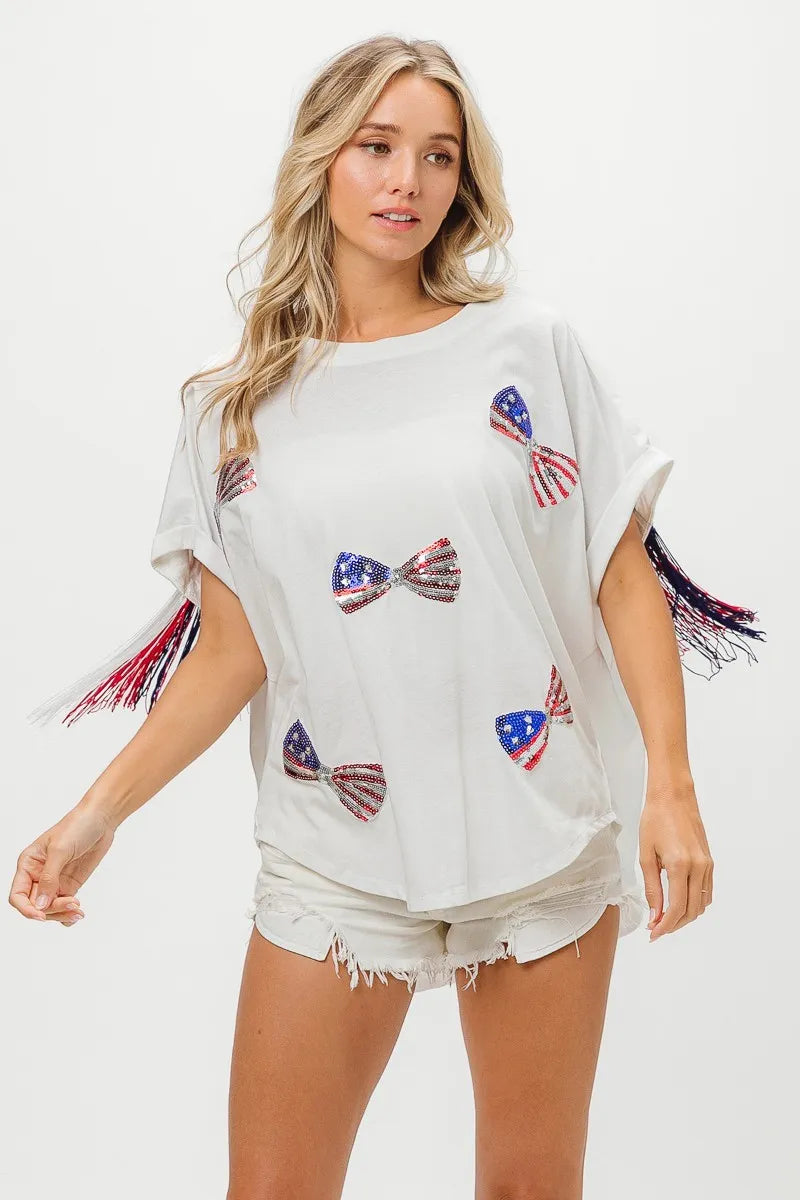 American Flag Sequin Ribbon T-Shirt-Reef Love