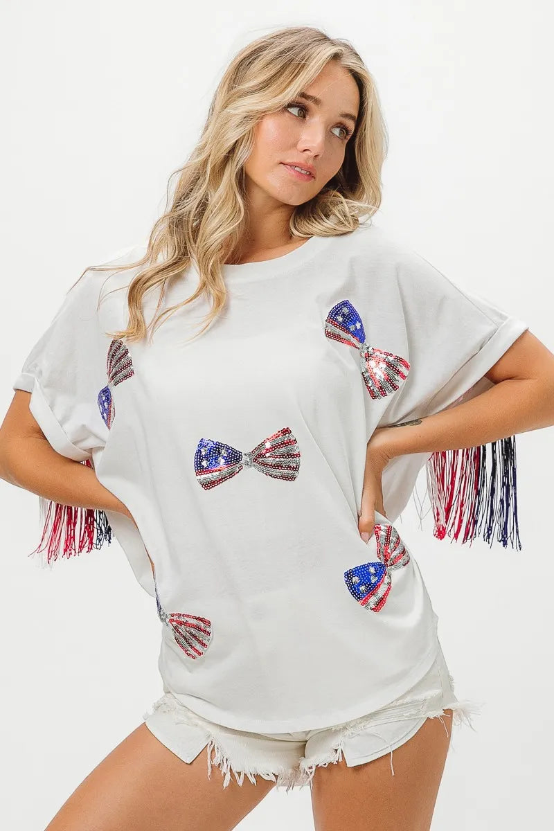 American Flag Sequin Ribbon T-Shirt-Reef Love