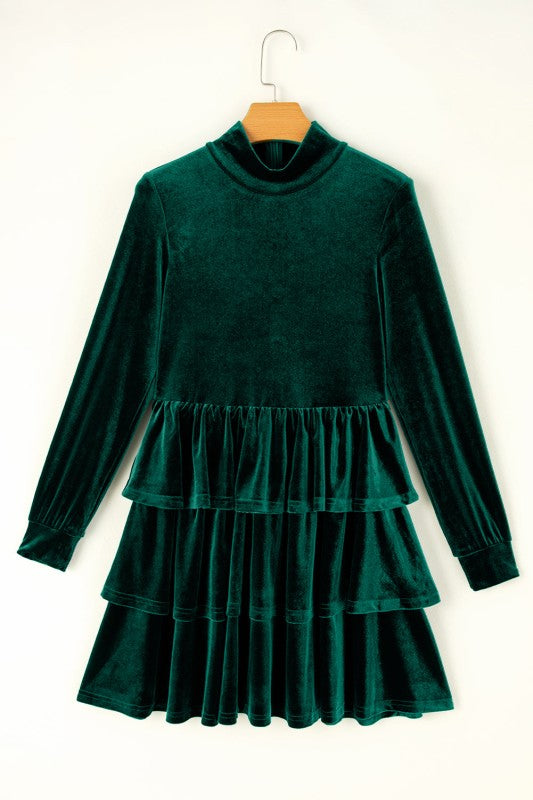 Amy Velvet High Neck Tiered Ruffle Dress-