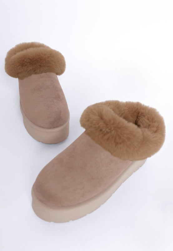 Aniso Faux Fur Slip On Snow Boots-Aniso faux fur slip-on snow boots with cushioned insoles and lug soles. Cozy, stylish winter boots perfect for cold-weather outfits and winter vacation wear.