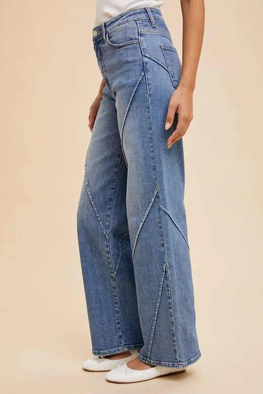 Annie Wear Decorative Seams Wide Leg Jeans-Reef Love