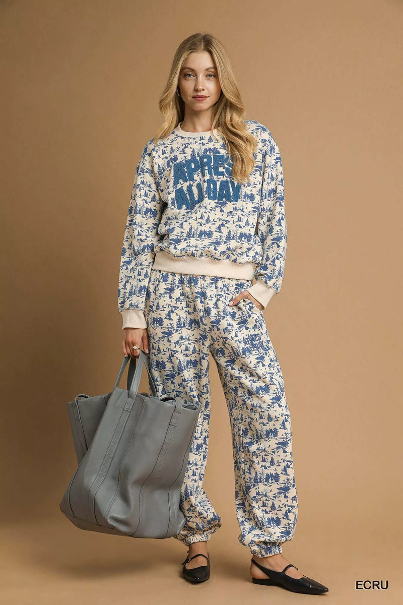 Après All Day Casual Sweatpants, Ecru & Blue-Après All Day Casual Sweatpants in Ecru & Blue - a stylish and comfortable option for a relaxed and laid-back look or weekend on the slopes.
