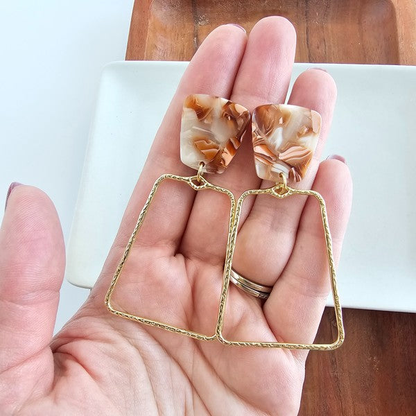 Shop Ariana Earrings - Rust-Ariana Earrings in rust pair earthy acrylic studs with gold trapezoid charms. Lightweight, hypoallergenic, and bold—perfect for everyday boho-chic styling.-available at Reef Love online boho-chic boutique