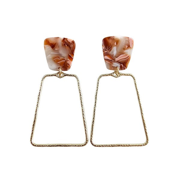 Shop Ariana Earrings - Rust-Ariana Earrings in rust pair earthy acrylic studs with gold trapezoid charms. Lightweight, hypoallergenic, and bold—perfect for everyday boho-chic styling.-available at Reef Love online boho-chic boutique