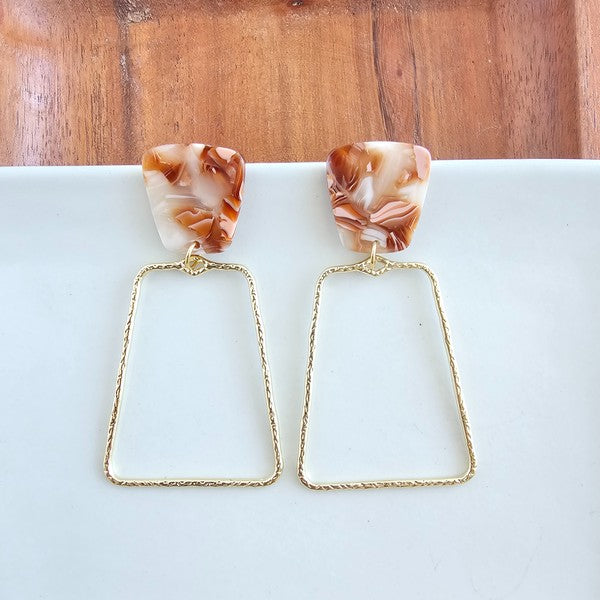 Shop Ariana Earrings - Rust-Ariana Earrings in rust pair earthy acrylic studs with gold trapezoid charms. Lightweight, hypoallergenic, and bold—perfect for everyday boho-chic styling.-available at Reef Love online boho-chic boutique