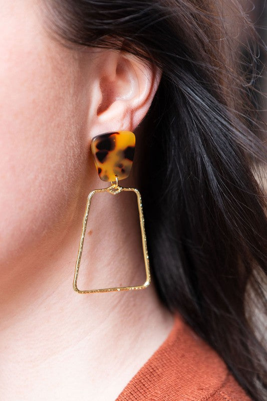 Shop Ariana Earrings - Tortoise-Bold tortoise statement earrings with gold trapezoid charms. Lightweight, hypoallergenic, and perfect for elevating everyday or night-out looks.-available at Reef Love online boho-chic boutique