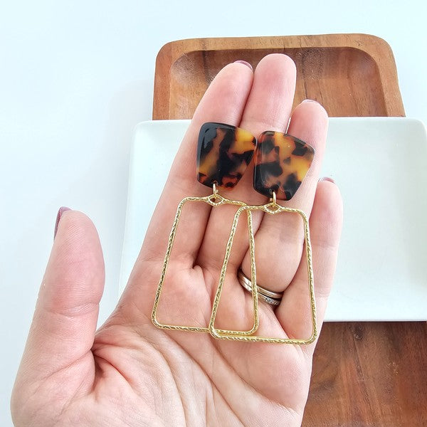 Shop Ariana Earrings - Tortoise-Bold tortoise statement earrings with gold trapezoid charms. Lightweight, hypoallergenic, and perfect for elevating everyday or night-out looks.-available at Reef Love online boho-chic boutique