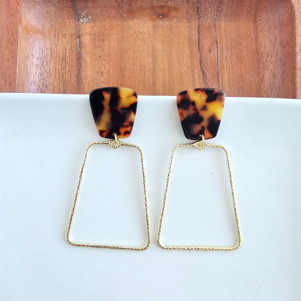 Shop Ariana Earrings - Tortoise-Bold tortoise statement earrings with gold trapezoid charms. Lightweight, hypoallergenic, and perfect for elevating everyday or night-out looks.-available at Reef Love online boho-chic boutique