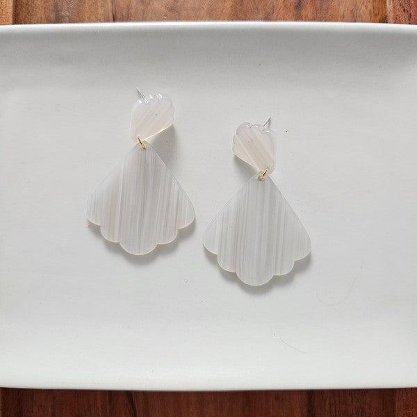 Shop Ariel Earrings - Seashell-Scalloped seashell acrylic earrings with hypoallergenic posts. Lightweight and beachy-chic—perfect for summer days, nights out, or mermaid-inspired style.-available at Reef Love online boho-chic boutique