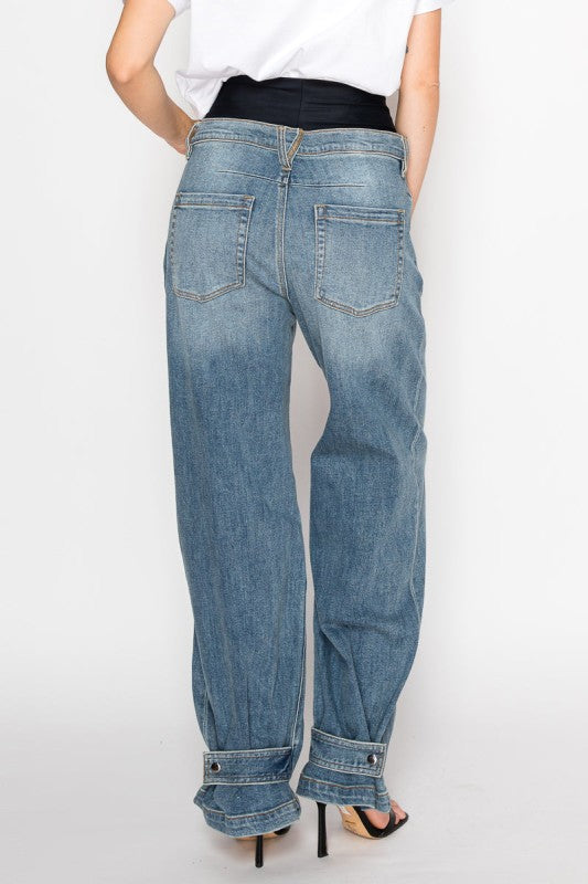 AT2076WDM Adjustable Hem Knit Band Wide Leg Jeans