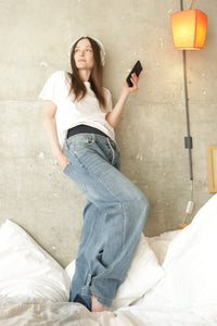 AT2076WDM Adjustable Hem Knit Band Wide Leg Jeans