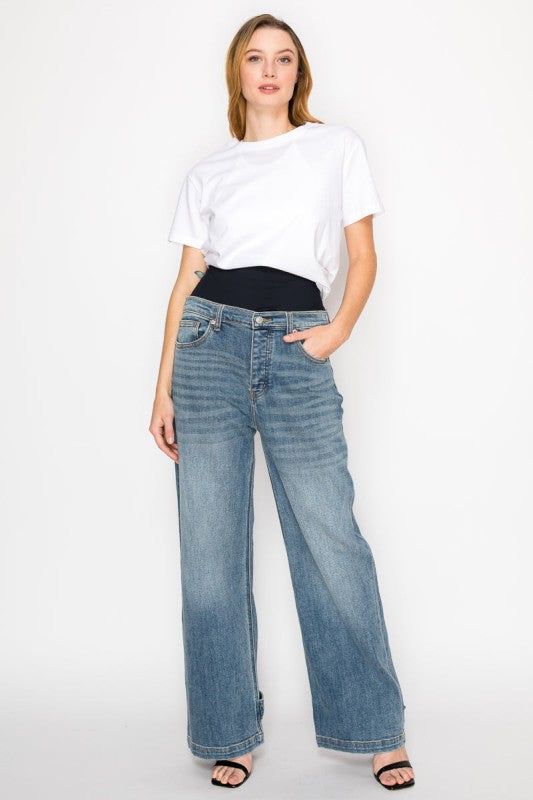 AT2076WDM Adjustable Hem Knit Band Wide Leg Jeans