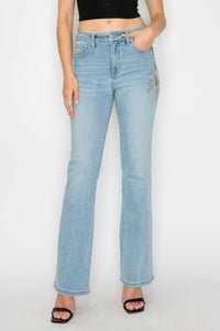 HIGH RISE EMBROIDERED MODERN BOOTCUT JEANS