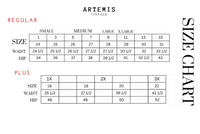 Size chart for Artemis Vintage clothing with waist and hip measurements.
