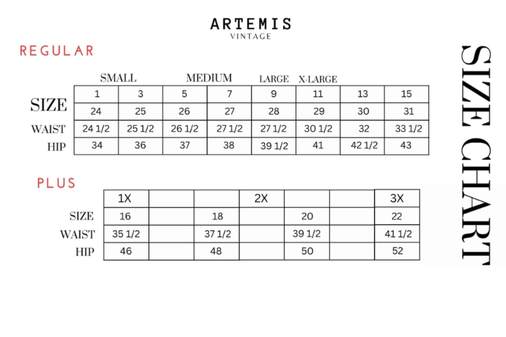 Size chart for Artemis Vintage clothing with waist and hip measurements.