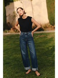 CLEO High Rise Relaxed Tapered Dark Wash Barrel Jeans-DENIM (NEW)-Reef Love