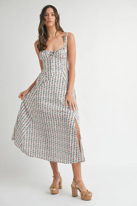 Women's Ashton floral print bustier back lace-up midi dress is an elegant and romantic dress featuring a floral pattern, a flattering bustier bodice, and a lace-up detail at the back - Reef Love