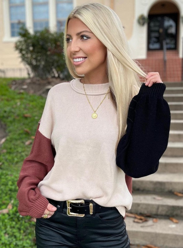 Aspen Color Block Bishop Sleeve Sweater