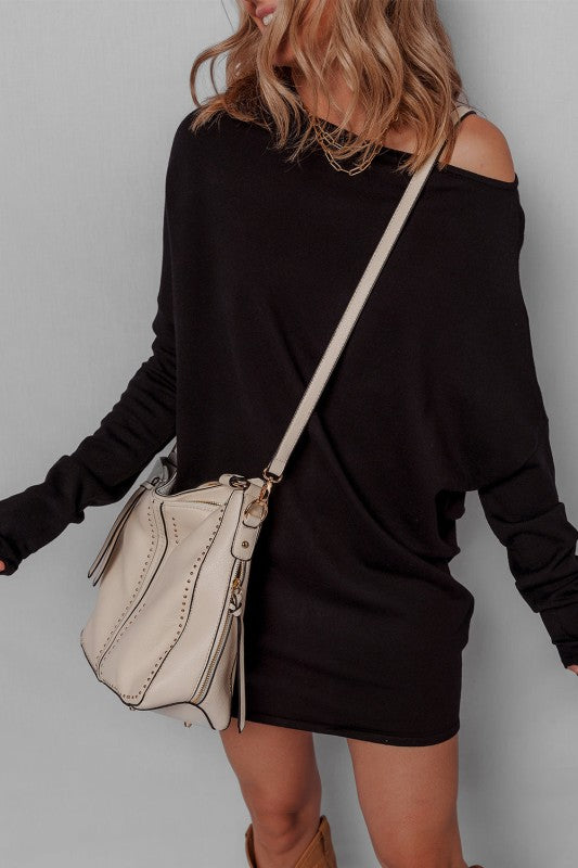 Asymmetric Neck Sweater Mini Dress, Black-Reef Love