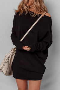 Asymmetric Neck Sweater Mini Dress, Black-Reef Love