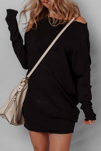 Asymmetric Neck Sweater Mini Dress, Black-Reef Love