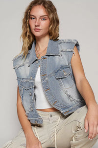 Asymmetrical Front Closure Raw Hem Denim Vest