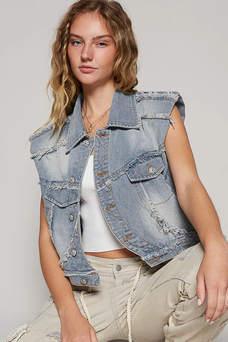 Asymmetrical Front Closure Raw Hem Denim Vest
