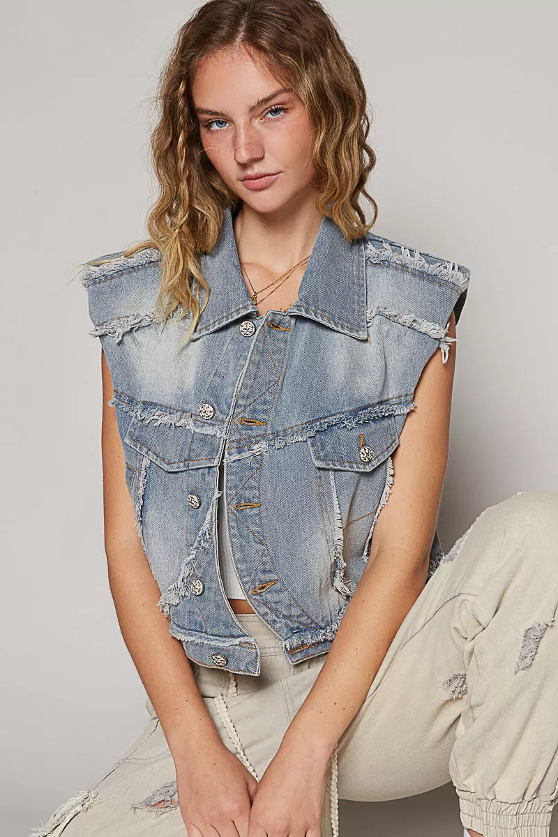 Asymmetrical Front Closure Raw Hem Denim Vest