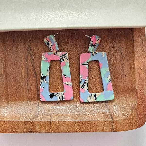Shop Avery Drop Earrings - 80's Pastel-Avery 80’s Pastel Drop Earrings with pink, blue, and zebra print confetti. Lightweight, retro-inspired fun for bold looks and nostalgic style moments.-available at Reef Love online boho-chic boutique