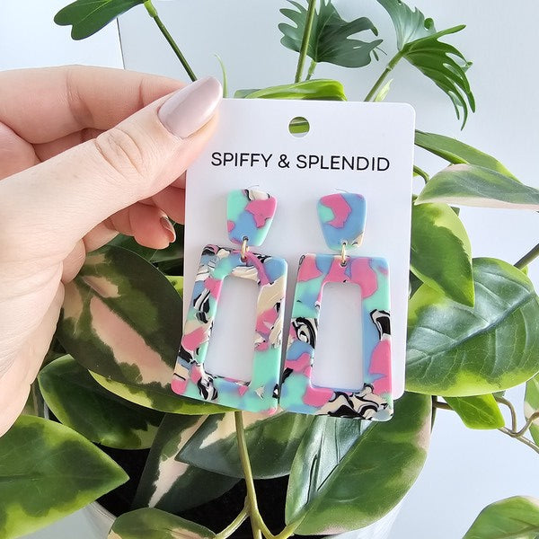 Shop Avery Drop Earrings - 80's Pastel-Avery 80’s Pastel Drop Earrings with pink, blue, and zebra print confetti. Lightweight, retro-inspired fun for bold looks and nostalgic style moments.-available at Reef Love online boho-chic boutique
