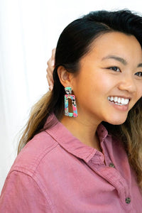 Shop Avery Drop Earrings - 80's Pastel-Avery 80’s Pastel Drop Earrings with pink, blue, and zebra print confetti. Lightweight, retro-inspired fun for bold looks and nostalgic style moments.-available at Reef Love online boho-chic boutique