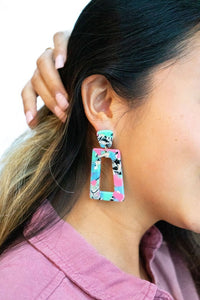 Shop Avery Drop Earrings - 80's Pastel-Avery 80’s Pastel Drop Earrings with pink, blue, and zebra print confetti. Lightweight, retro-inspired fun for bold looks and nostalgic style moments.-available at Reef Love online boho-chic boutique