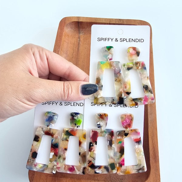 Shop Avery Drop Earrings - Multicolor-Avery Multicolor Drop Earrings with playful mix of soft blues, pinks, yellow, orange, black, and white. Lightweight, artistic, and full of fun personality.-available at Reef Love online boho-chic boutique