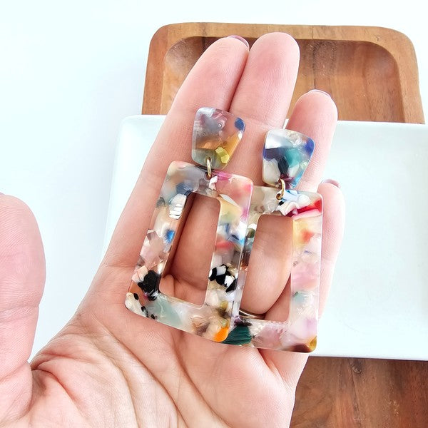 Shop Avery Drop Earrings - Multicolor-Avery Multicolor Drop Earrings with playful mix of soft blues, pinks, yellow, orange, black, and white. Lightweight, artistic, and full of fun personality.-available at Reef Love online boho-chic boutique