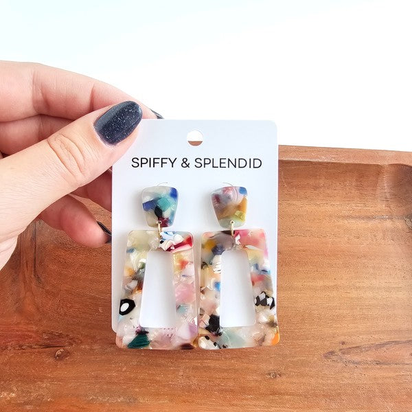 Shop Avery Drop Earrings - Multicolor-Avery Multicolor Drop Earrings with playful mix of soft blues, pinks, yellow, orange, black, and white. Lightweight, artistic, and full of fun personality.-available at Reef Love online boho-chic boutique