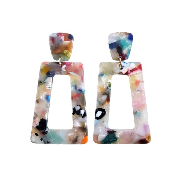 Shop Avery Drop Earrings - Multicolor-Avery Multicolor Drop Earrings with playful mix of soft blues, pinks, yellow, orange, black, and white. Lightweight, artistic, and full of fun personality.-available at Reef Love online boho-chic boutique