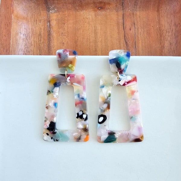 Shop Avery Drop Earrings - Multicolor-Avery Multicolor Drop Earrings with playful mix of soft blues, pinks, yellow, orange, black, and white. Lightweight, artistic, and full of fun personality.-available at Reef Love online boho-chic boutique